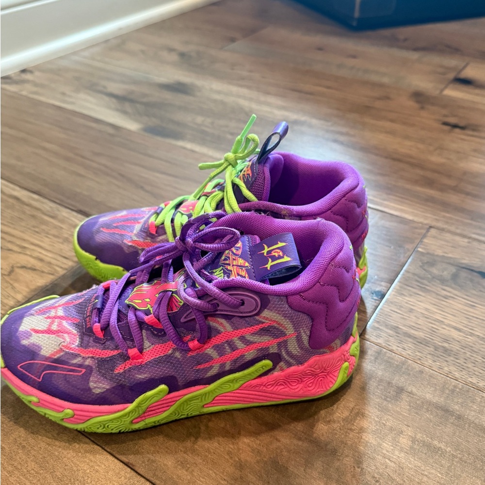 Nike Kids Purple and Green Sneakers, LaMelo Ball, gently used.